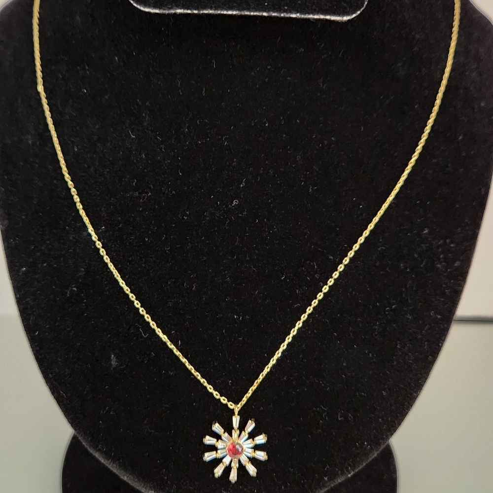 Gold Tone Clear Baguette crystal with Red crystal center stone flower